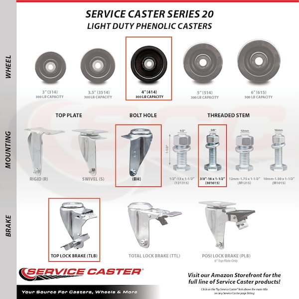 Service Caster 4 Inch SS Phenolic Wheel Swivel 3/8 Inch Threaded Stem Caster Set Brake SCC SCC-SSTS20S414-PHS-TLB-381615-4 - main